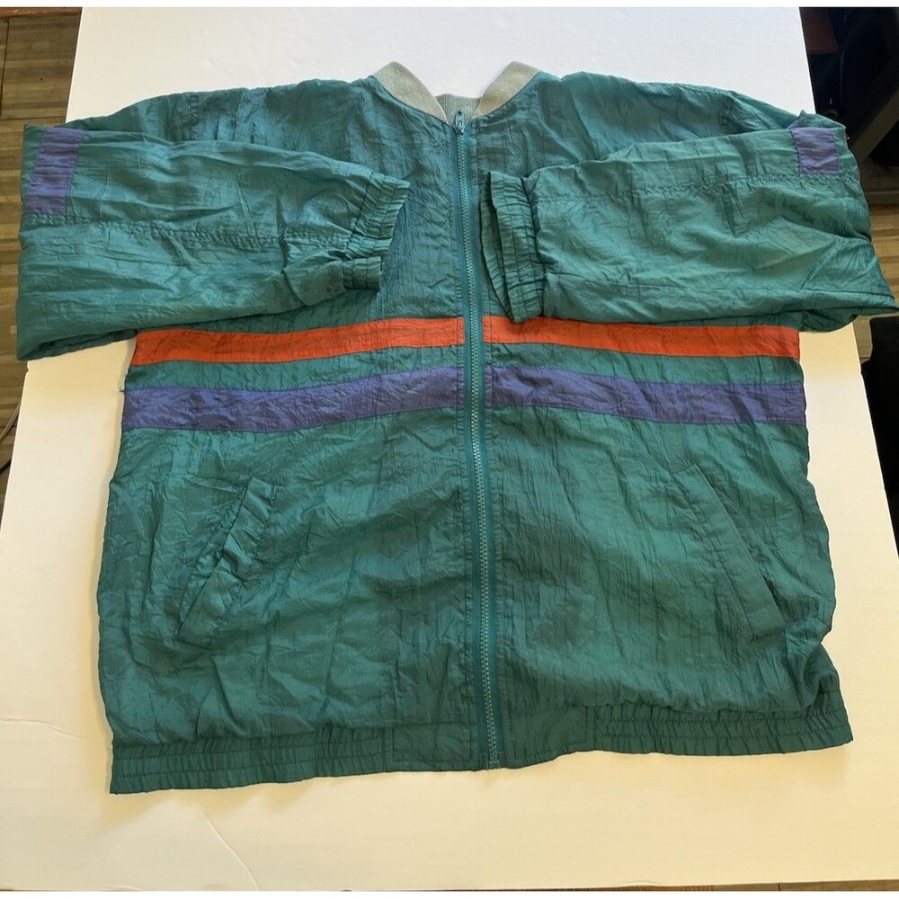 Creative Edge Men's Colorblock Zip Jacket Green Orange Purple Nylon M 90s VNTG
